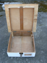 The wooden case of the webcam server, opened, full view from the front